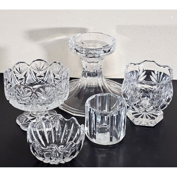 vtg assorted cut crystal candle holders lot/5 votive taper glass holders wedding - Picture 3 of 9